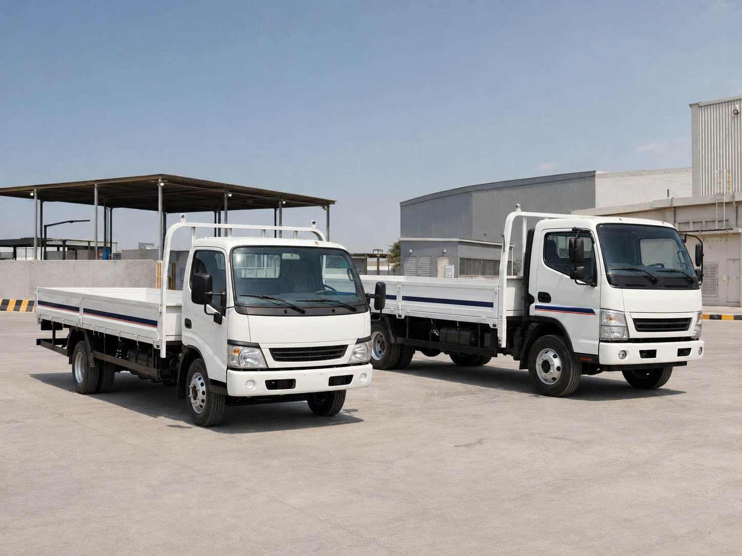 Commercial one-ton and three-ton pickup trucks in a Dubai industrial yard
