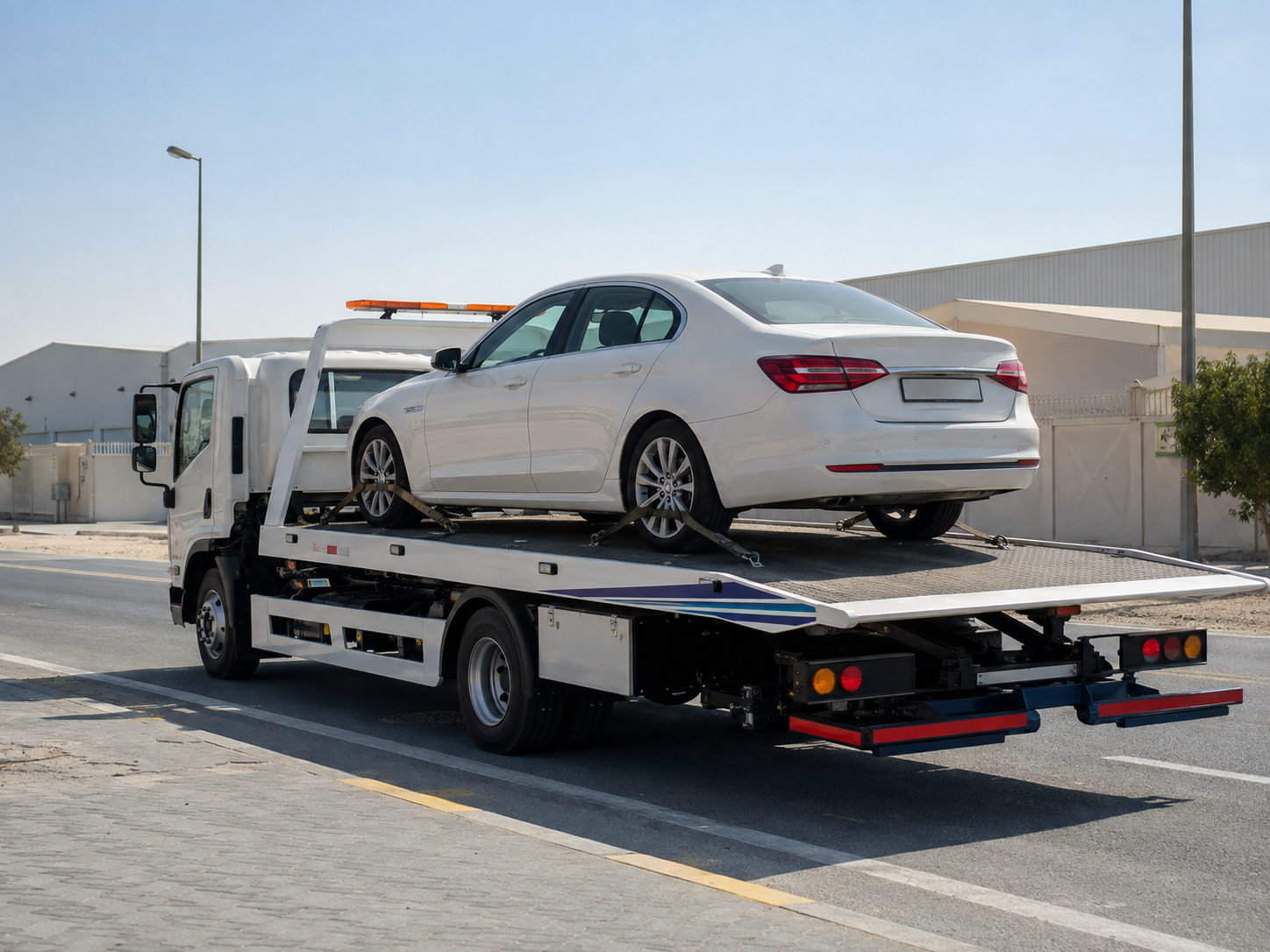 Flatbed recovery truck carrying a passenger vehicle safely